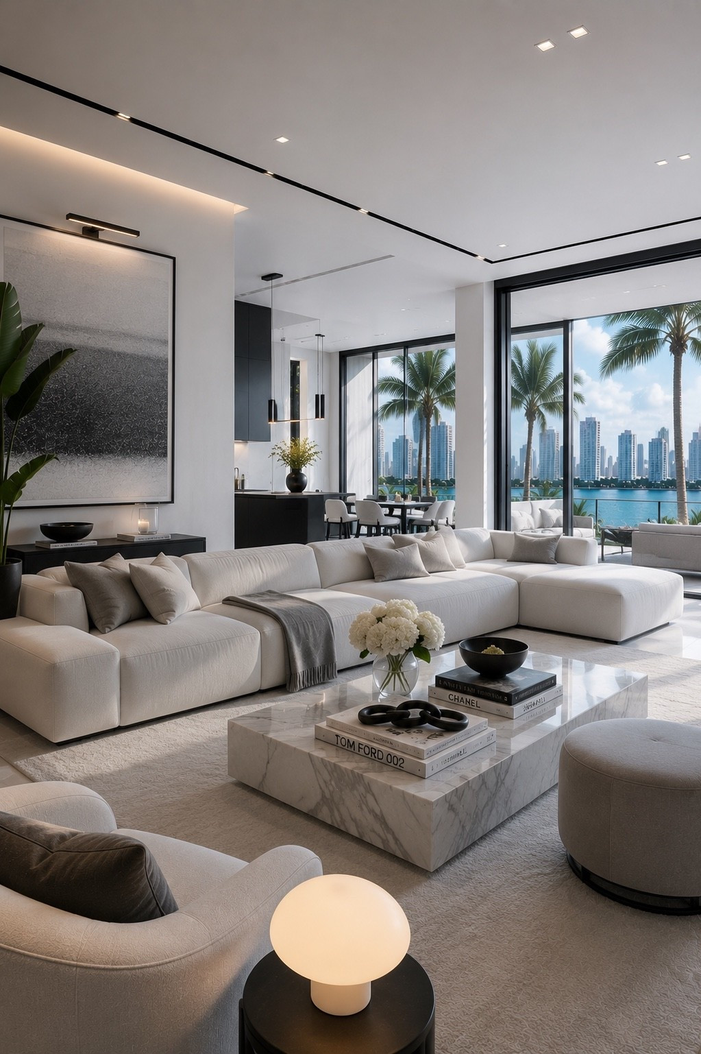 A sophisticated Miami-inspired living room featuring an oversized white modular sectional, sculptural marble coffee table, soft gray accents, and floor-to-ceiling windows with tropical waterfront views. Clean lines, layered neutral textures, and statement décor create a bright, cozy, high-end modern aesthetic.

#livingroomdesign #miamidesign #luxurylivingroom #modernlivingroom #whiteinterior #neutralhome #luxuryinteriors #livingroomdecor #modernhome #homedecor #interiordesign #whiteandgray #designerhome #ltkhome #amazonhome #homeinspo #interiorinspiration #modernluxury #highendinteriors #miamihome