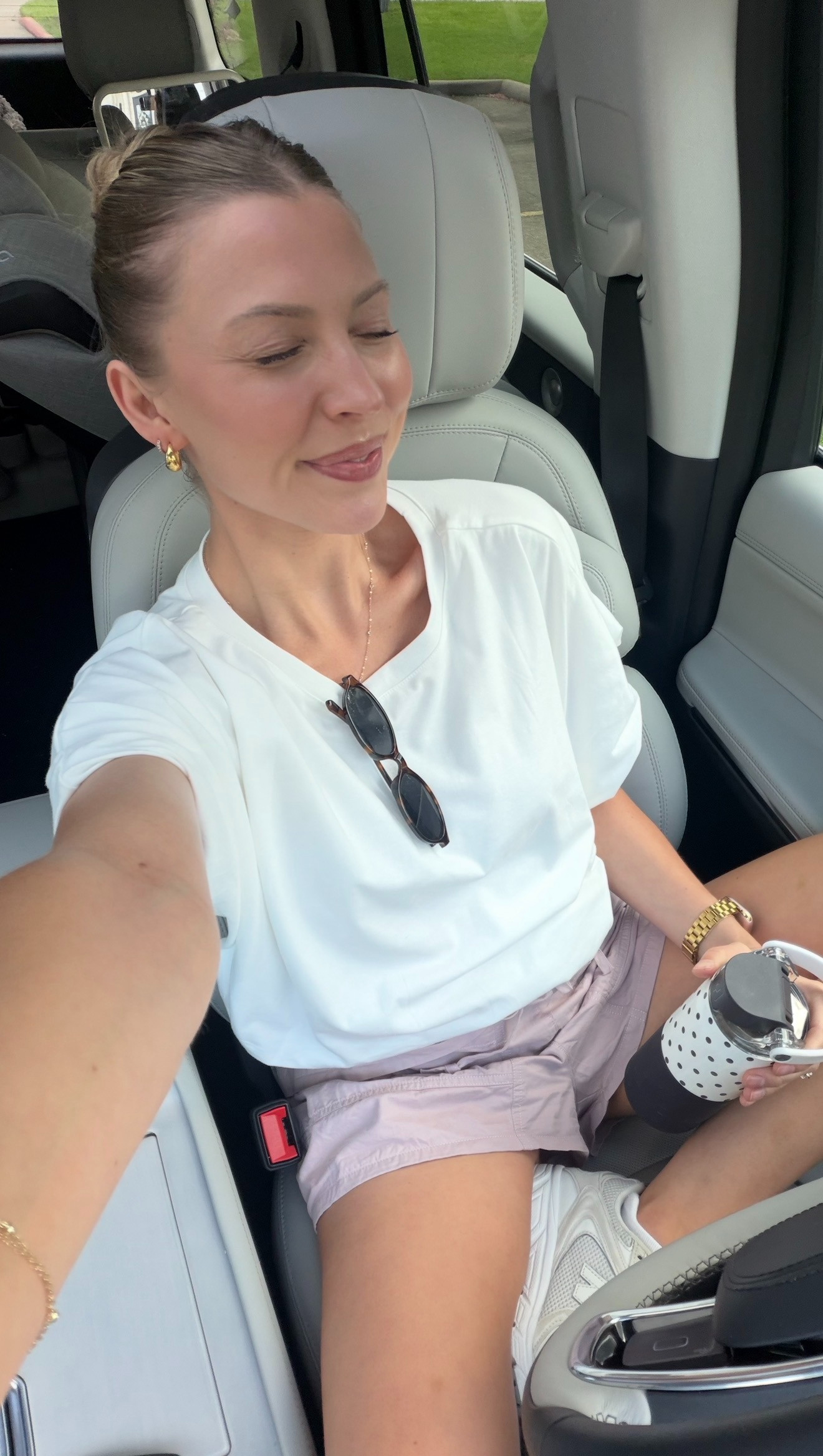 Mom on the go outfit! These drawstring shorts are so cool! Love this not so basic bubble hem tee too. Size S in both.  

 #LTKdayinmylife #LTKootd #LTKmomlife