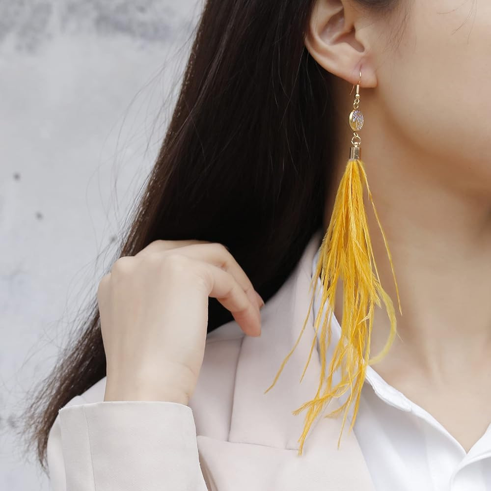 RUOFFETA Long Feather Earrings for Women, Bohemian Elegant Delicate Faux Druzy Charms Dangle Earring | Amazon (US)