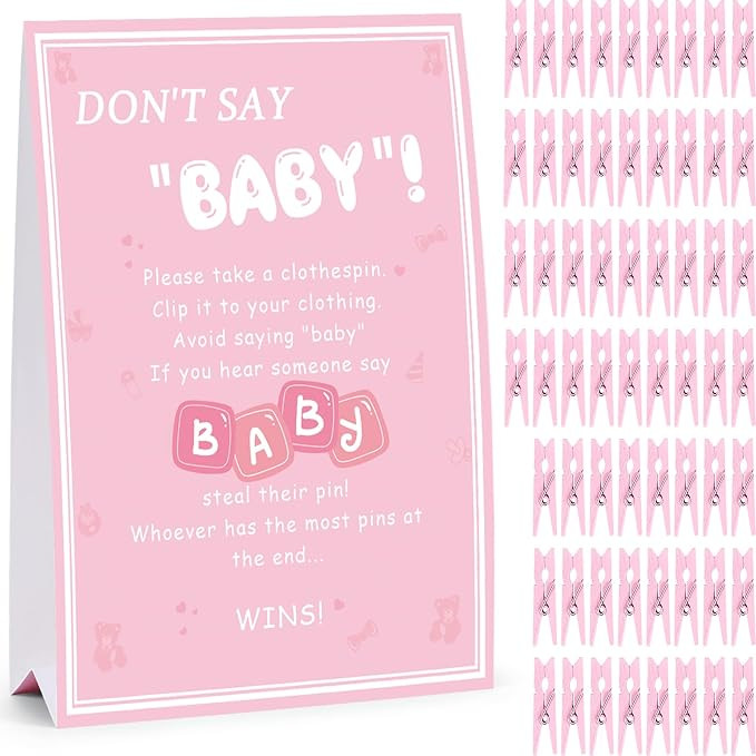 Don't Say Baby Game, Baby Shower Games for Girl, 1 Sign and 60 Pink Mini Clothespins, 8 x 11 in S... | Amazon (US)