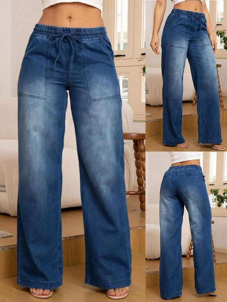 Women’s Fashion Versatile Drawstring Wide Leg Jeans | SHEIN