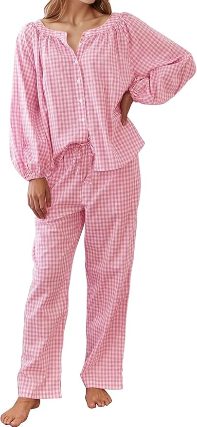 Flygo Womens Gingham Pajama Set 2 Piece Cotton Plaid Raglan Sleeve Button Top Straight Leg Pants ... | Amazon (US)