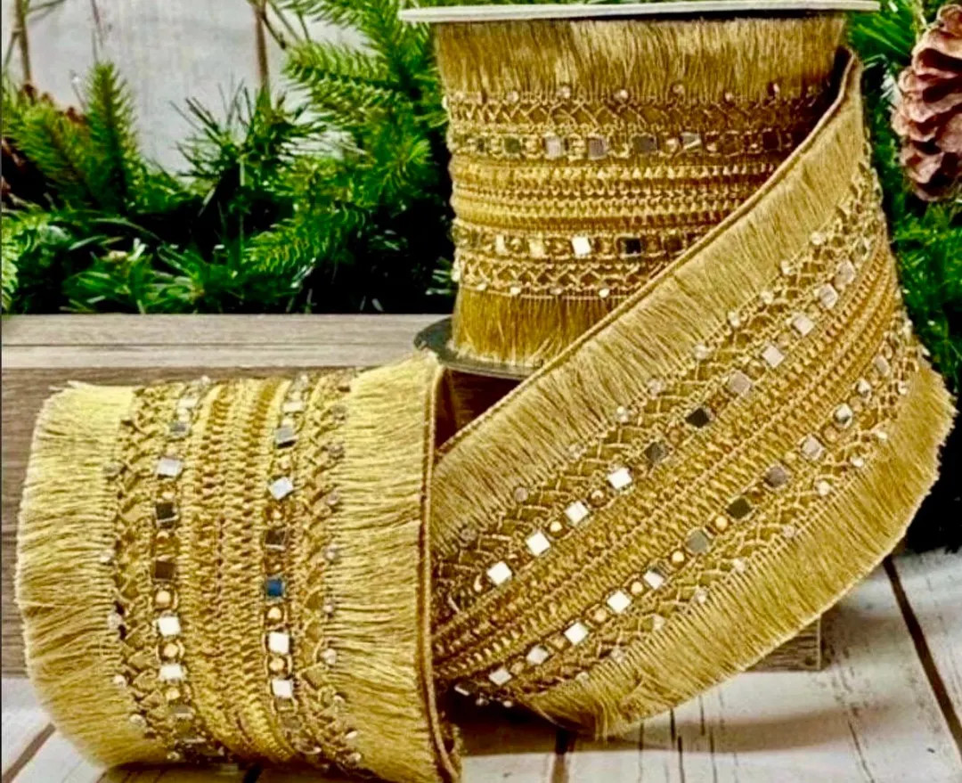 Gold Jeweled Fringe d Stevens Ribbon: 4 Inch Wired Ribbon, 5 Yards | Etsy (US)