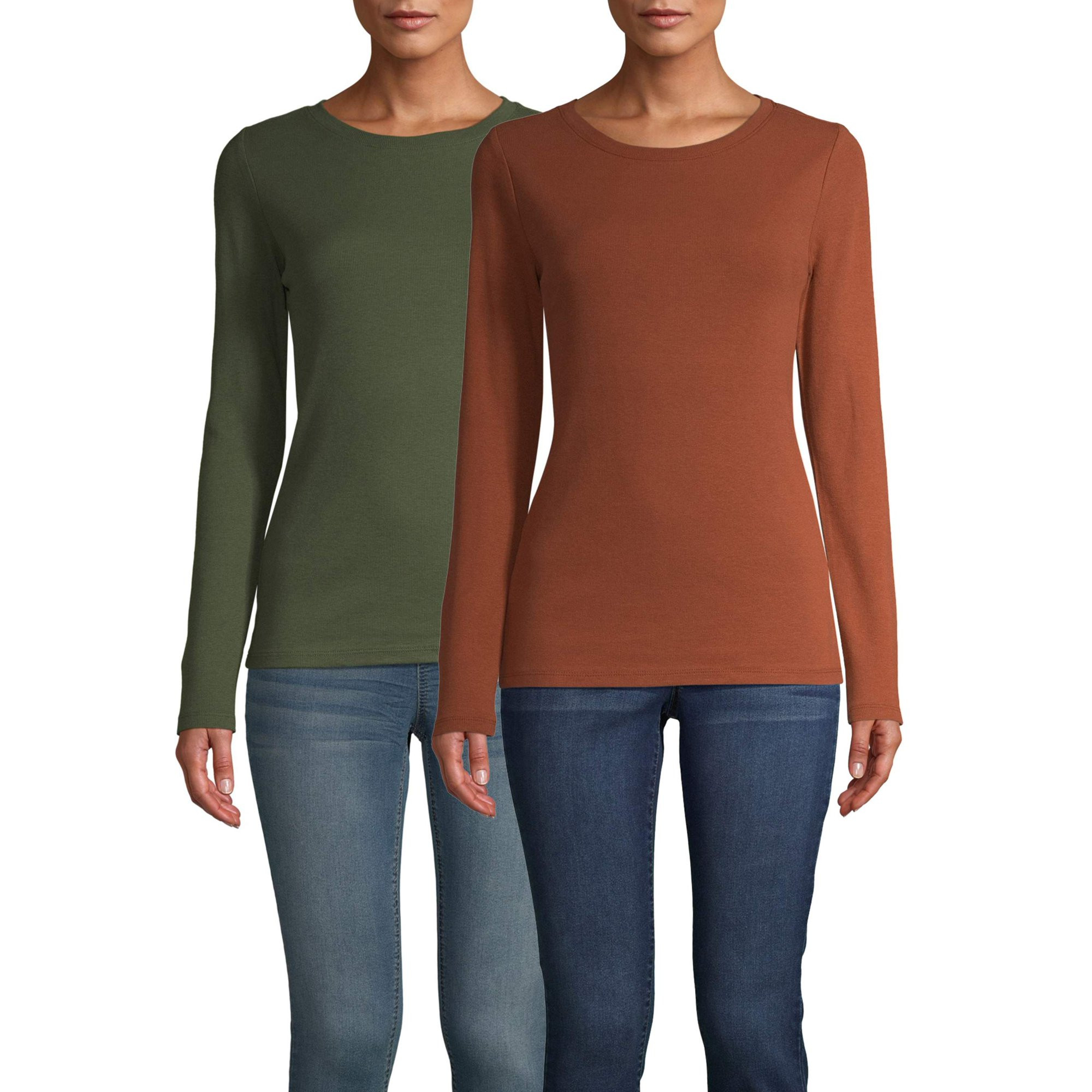 Time and Tru Women's Long Sleeve Elevated Rib Tee, 2 Pack Bundle | Walmart (US)