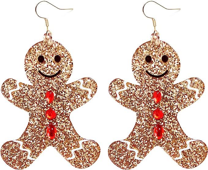 Christmas Dangle Drop Earrings Glitter Gold Acrylic Gingerbread Man Reindeer Earrings Women Girls... | Amazon (US)