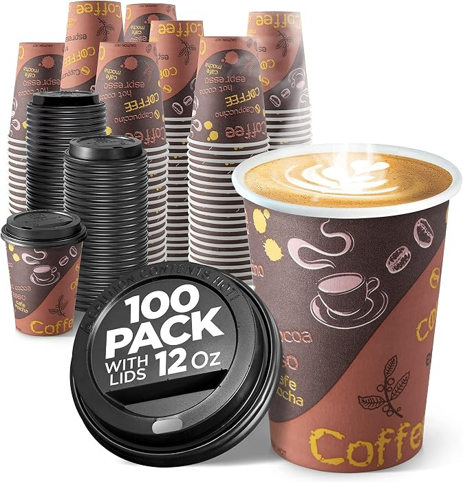 Disposable Coffee Cups with Lids 12 oz (100 Pack) - To Go Paper for Hot & Cold Beverages, Coffee,... | Amazon (US)