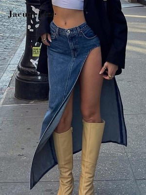 WOMEN'S Denim maxi Skirts High Slit Low Waist Midi long y2k blue  | eBay | eBay US
