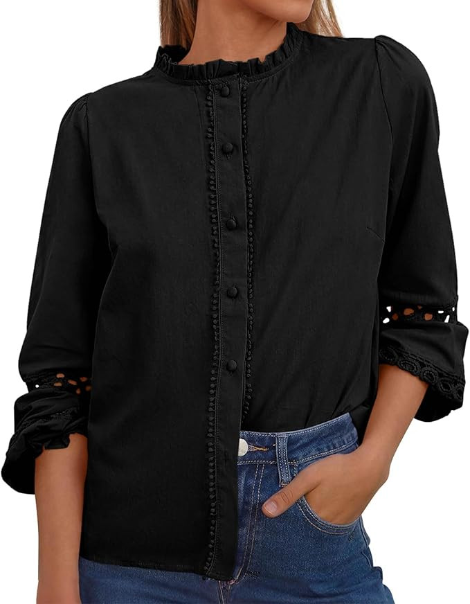 KIRUNDO Going Out Tops for Women Boho Cotton Eyelet Long Sleeve Button Up Shirt 2025 Fall Fashion... | Amazon (US)