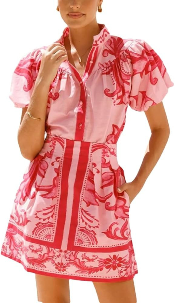 THLAI Skirt Sets Women 2 Piece Outfits Print Short Puff Sleeve Shirt Top and A-Line Mini Skirt Se... | Amazon (US)