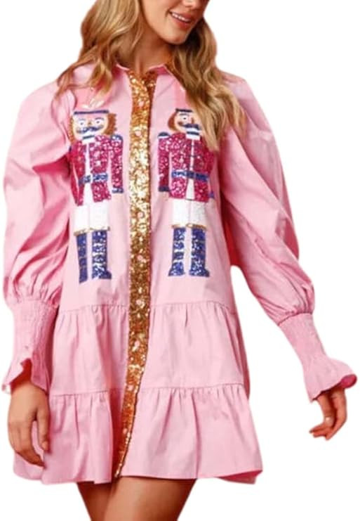 Women’s Sequin Christmas Outfit Holiday Nutcracker Sequin Tiered Dress Sweatshirt Merry Christmas Mini Shirt Dress | Amazon (US)