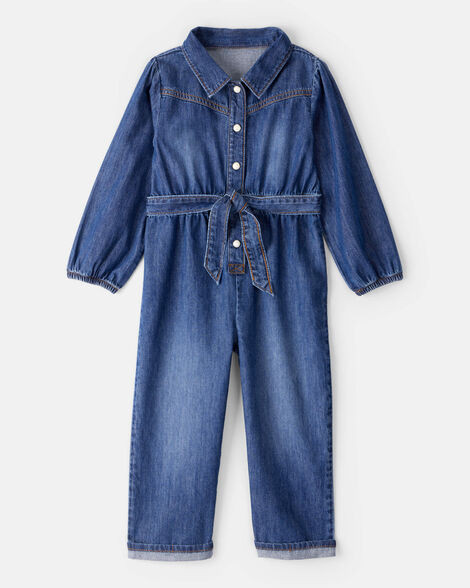 Toddler Girl Denim Cotton Long-Sleeve Jumpsuit - Smokey Wash | Carter's Inc