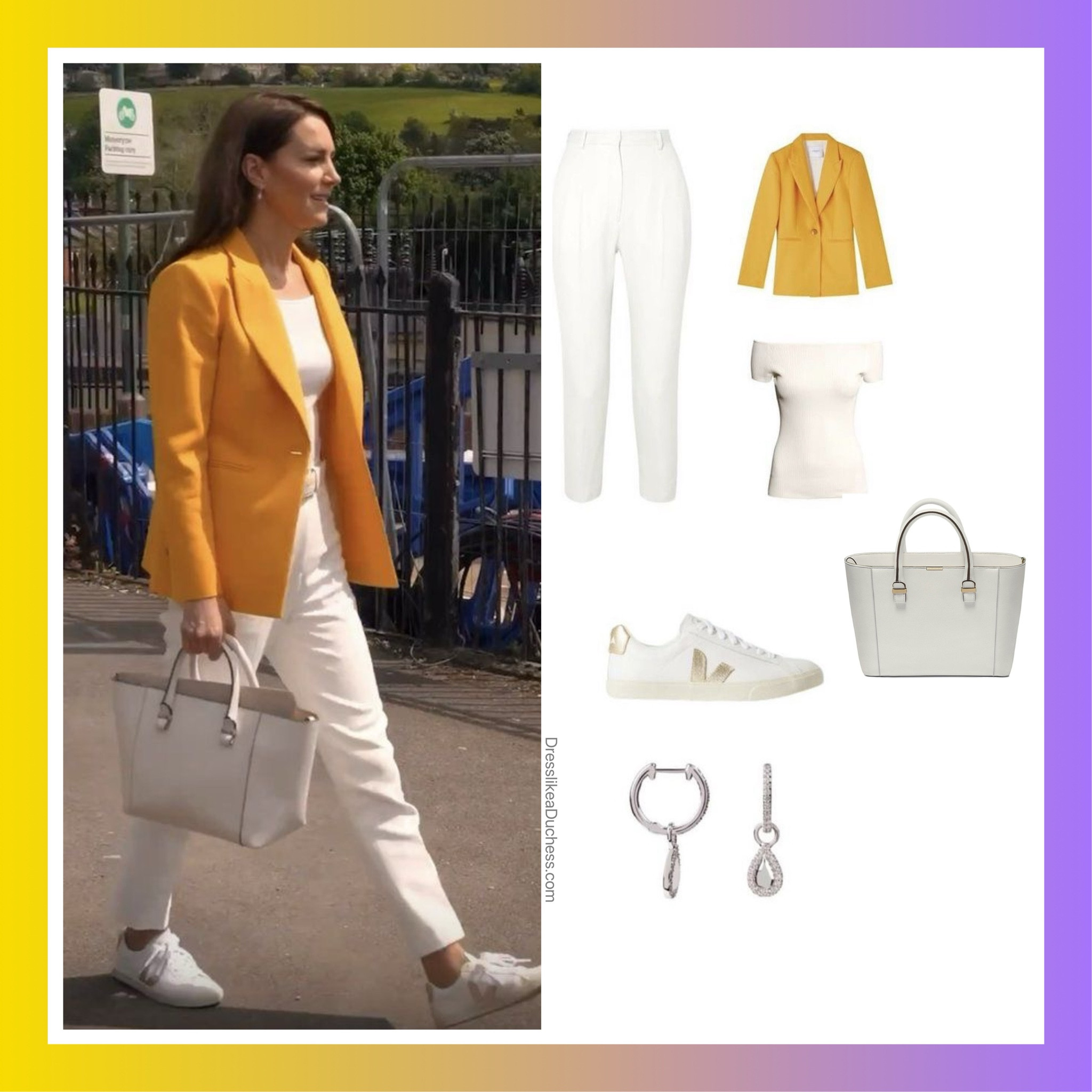 Kate Middleton LK Bennett Mya blazer, H&M off the shoulder top, Beckham Quincy bag and Veja metallic sneakers, Emily Mortimer Hera earrings 

#school #teacher #casual #businesscasual 