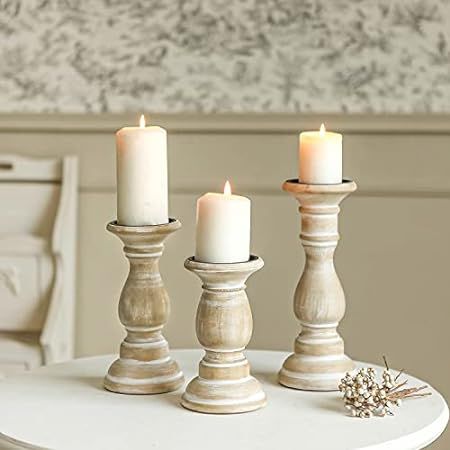 dwellington Farmhouse Rustic Wood Pillar Candle Holder, Decorative Beaded Candlestick Holder Stand for Home Decor, Gifts, Wedding (White) | Amazon (US)