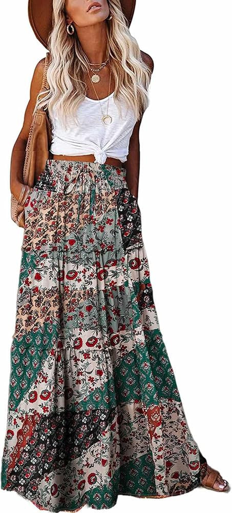 Women's 2025 Summer Skirt High Waist Flowy A Line Boho Skirt Maxi Skirt with Pockets | Amazon (US)
