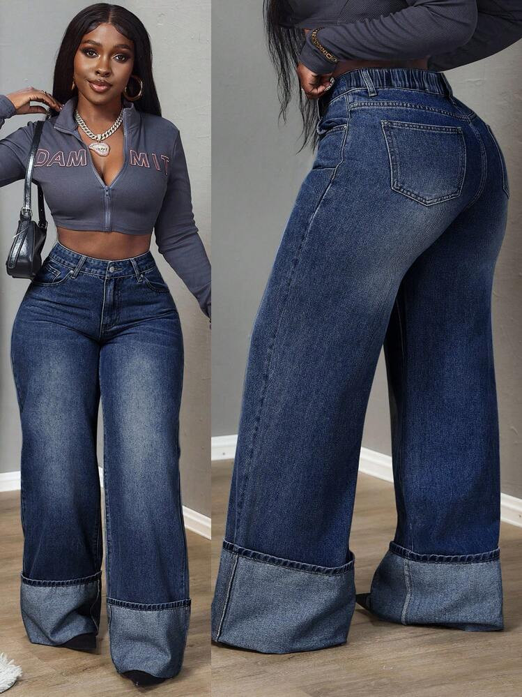 Slaydiva Plus Size Women Pockets Loose Wide Leg Casual Versatile Jeans,Fall Clothes For Women | SHEIN