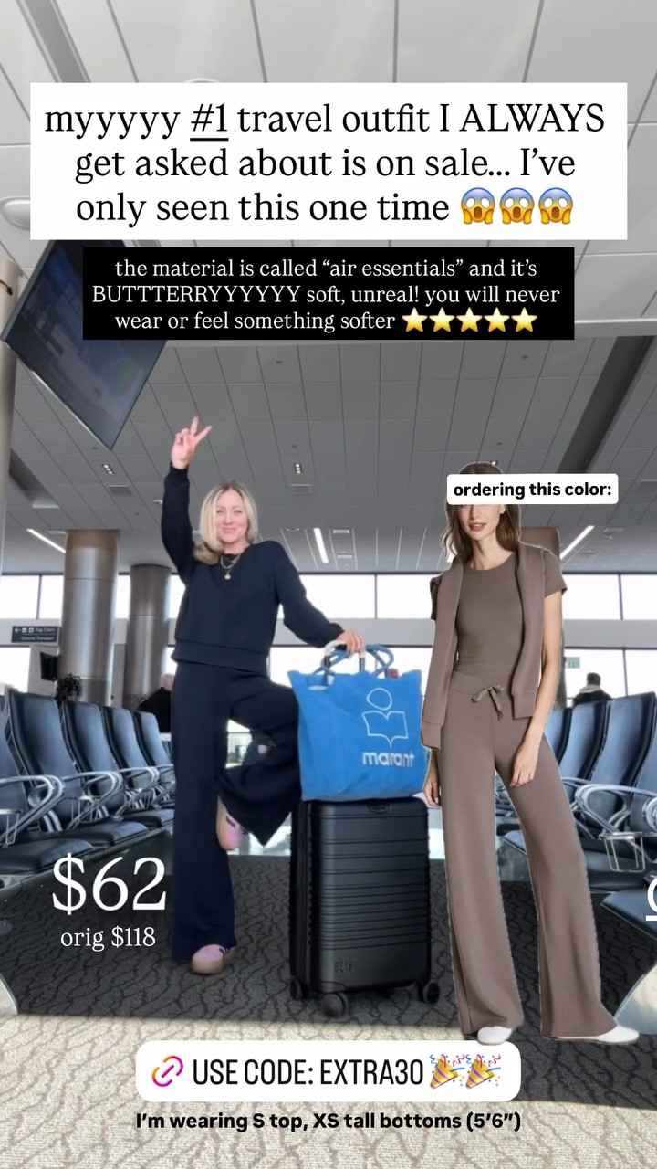 myyyyy #1 travel outfit I ALWAYS get asked about is on sale….. I’ve only seen this one time 😱😱😱 orig $118 $62 the material is called “air essentials” and it’s BUTTTERRYYYYYY soft, unreal! you will never wear or feel something softer ⭐️⭐️⭐️⭐️⭐️ ordering this color: I’m wearing S top, XS tall bottoms (5’6”) @spanx