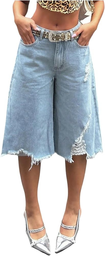 SOLY HUX Women's Summer Ripped Denim Shorts Y2k Wide Leg Baggy Cropped Jeans Capris Pants | Amazon (US)