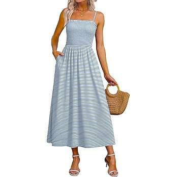 OFEEFAN Womens Spaghetti Strap Maxi Dresses Smocked with Pockets 2026 Summer Spring Casual Boho B... | Amazon (US)