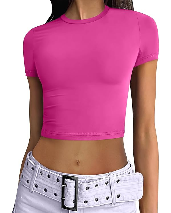 ANRABESS Womens Basic Tee Summer Outfits Crewneck Short Sleeve Crop Tops Slim Fitted T Shirts Y2k... | Amazon (US)