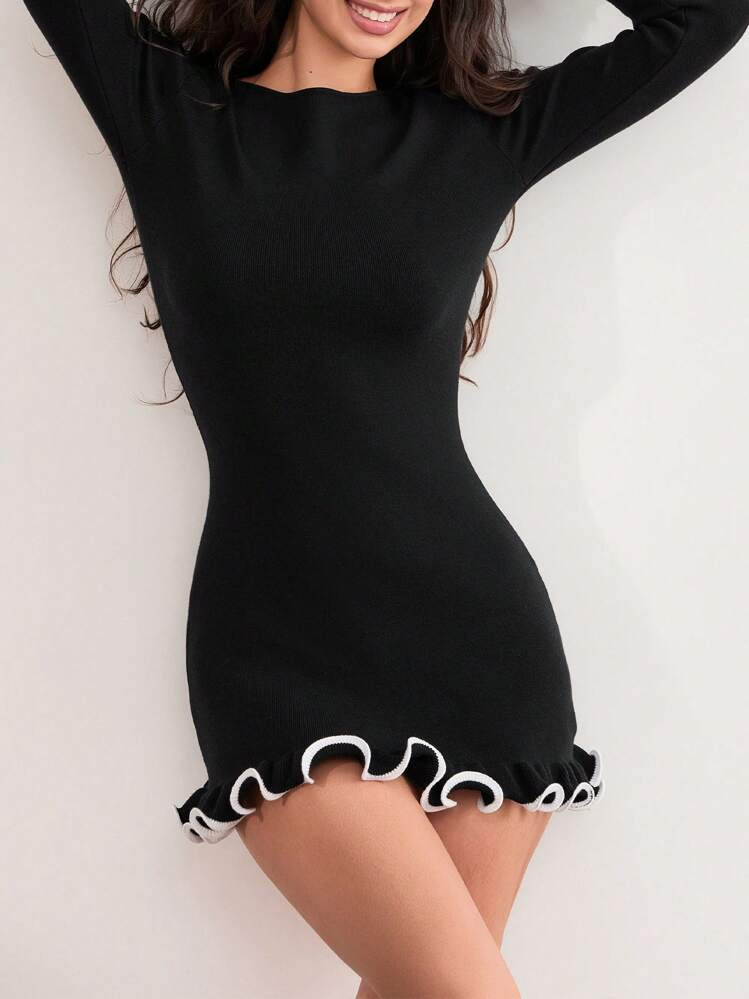 Women's Slim Knit Mini Dress Contrast Trim Crew Neck Long Sleeve Lettuce Edge Dress | SHEIN