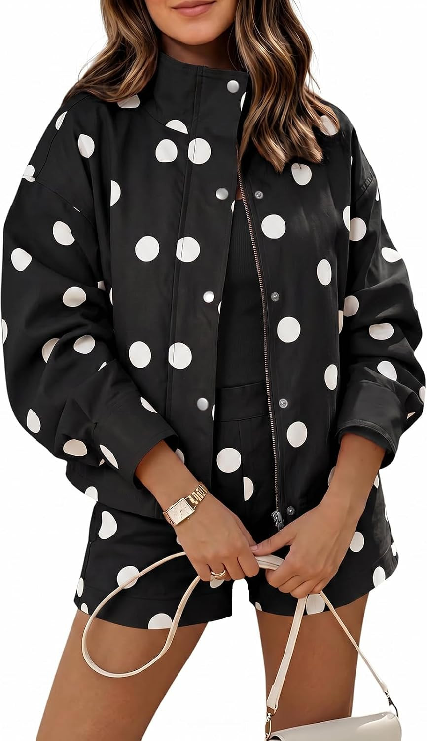 Tankaneo Womens 2 Piece Outfits Polka Dot Shorts Set Zip Up Cropped Jacket | Amazon (US)