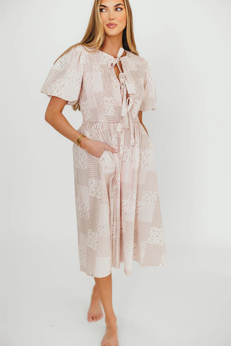 Tatum 100% Cotton Front Tie Midi Dress in Pink | Worth Collective