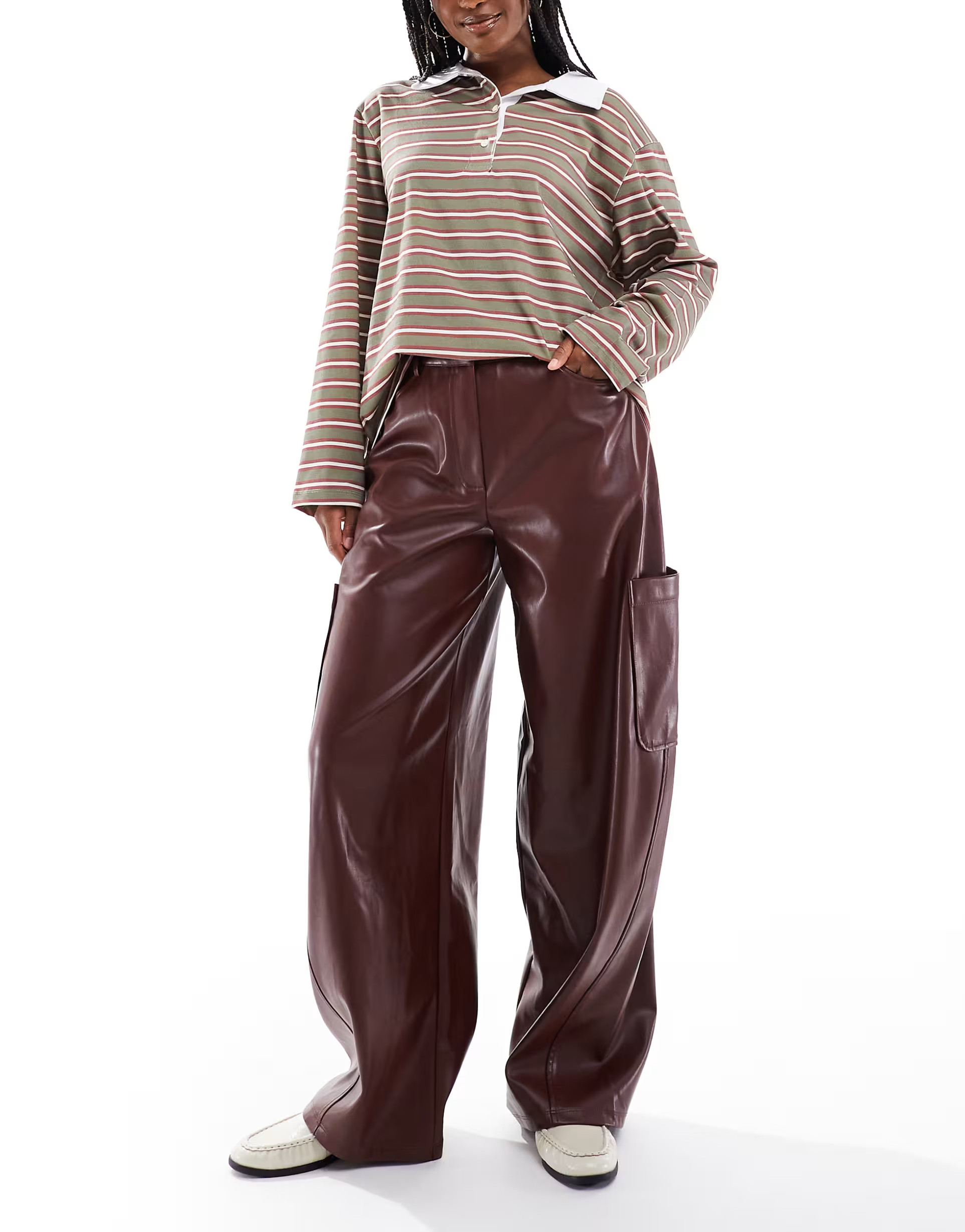 ASOS DESIGN utility barrel pants in faux leather in chestnut | ASOS (Global)