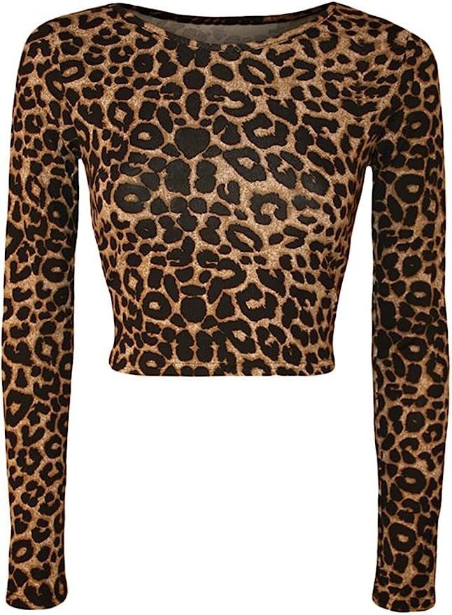 GirlsWalk Women's Long Sleeves Leopard Print Stretchy Short Crop Top | Amazon (UK)