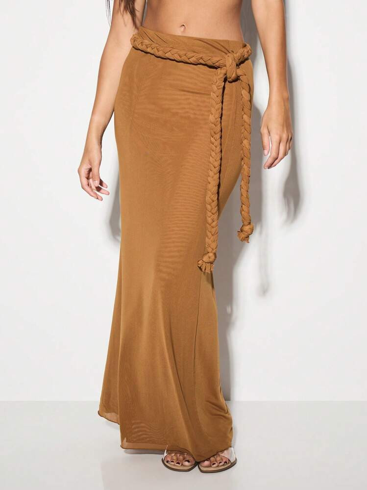 KIZN Flowy Maxi Skirt With Braided Belt Soft Mesh Resort Beachwear Summer Vacation Cover Up Side Draped Evening Party Long Floor Length | SHEIN