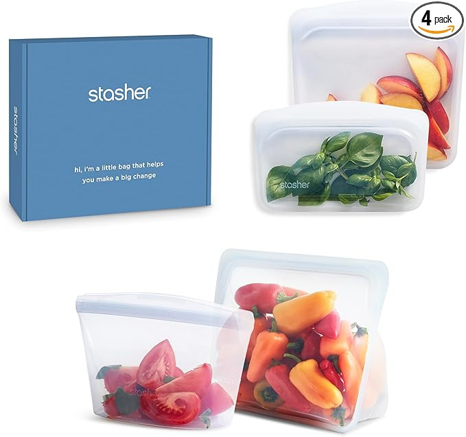 Stasher Premium Silicone Reusable Food Storage Bags 4-Pack Boxed Starter Kit, Clear, Microwave, S... | Amazon (US)