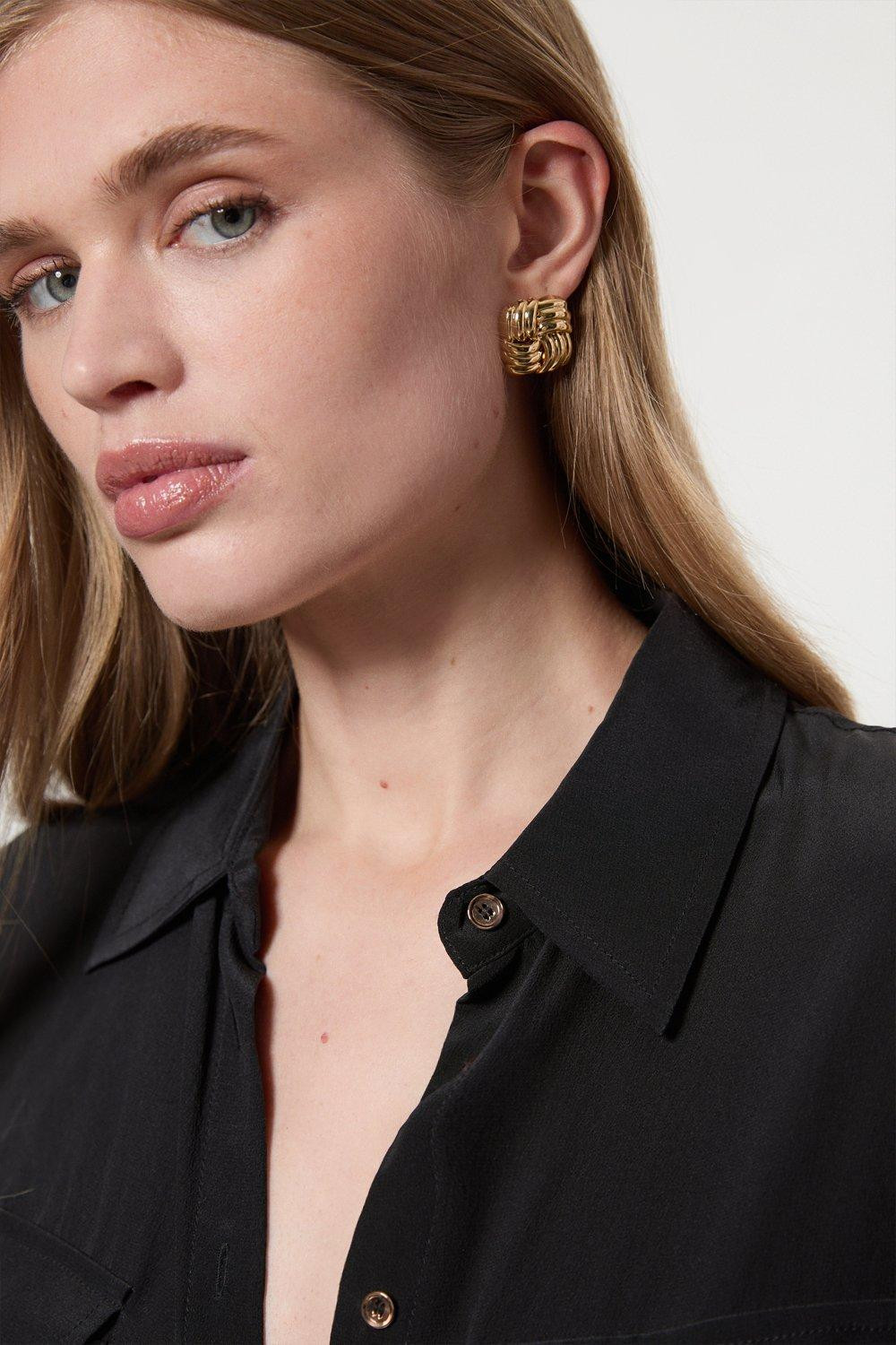 Gold Plated Quilted Stud Earrings | Karen Millen UK + IE + DE + NL