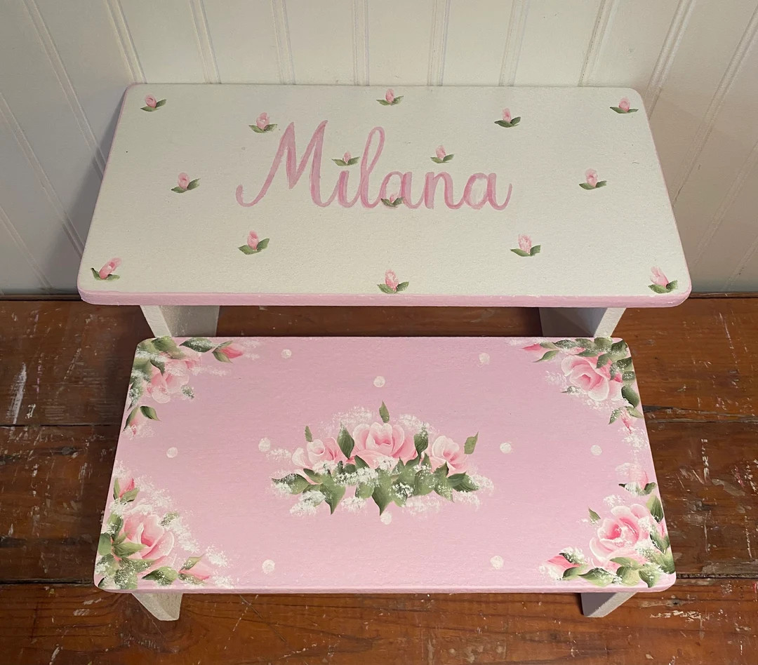 Hand Painted Pink Roses, Gold, Nursery Decor, Bathroom Stool, Personalized, Baby Girl, Romatic Sh... | Etsy (US)