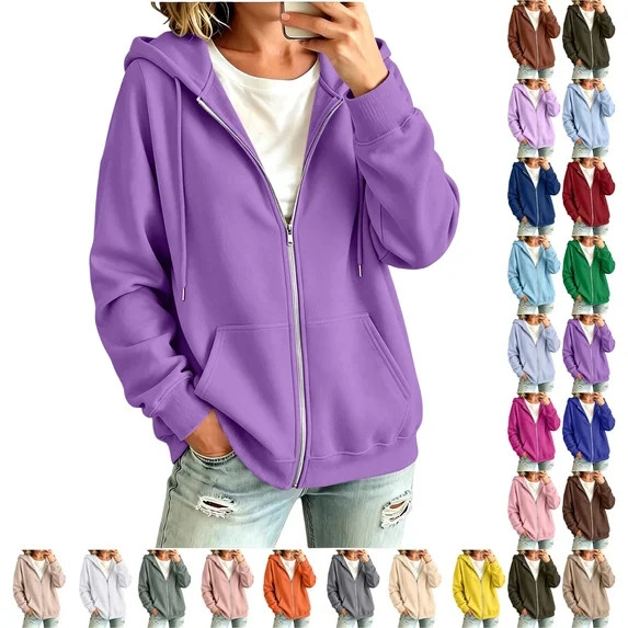 UDAUDU Zip Up Hoodies for Women Fall Winter Casual Sweatshirts Zipper Fashion Comfortable Oversiz... | Walmart (US)