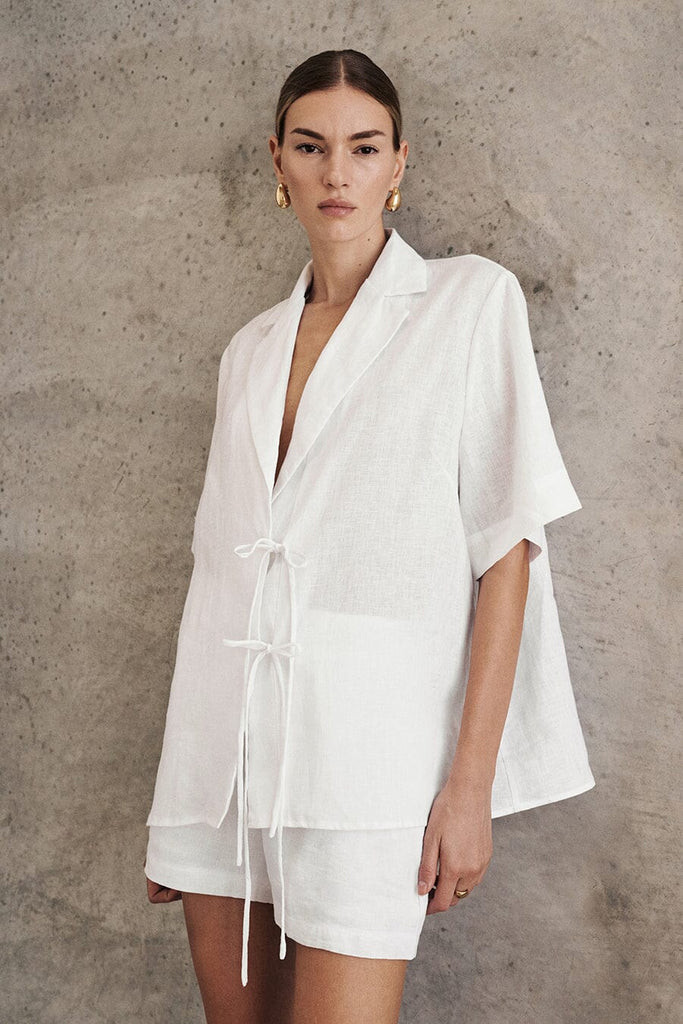 EMELIA WHITE LINEN WRAP SHIRT | DISSH