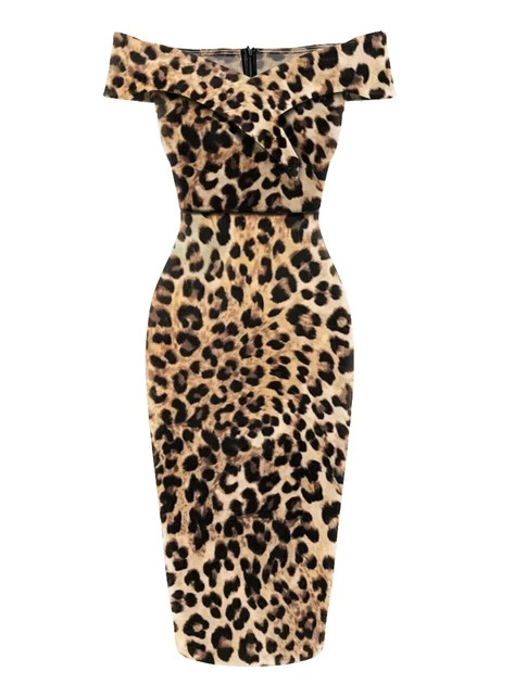 1960s Off-shoulder Leopard Pencil Dress | Retro Stage