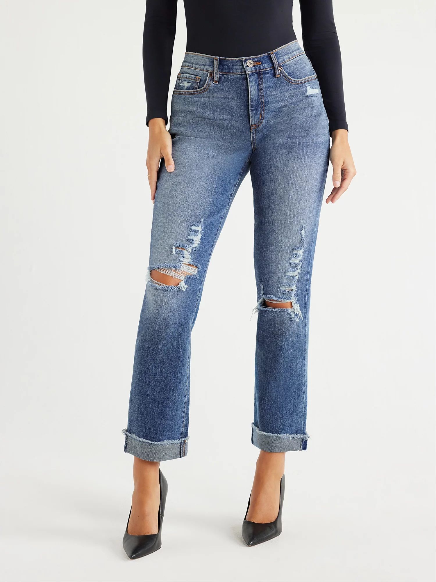 Sofia Jeans Women's Beatrix Slouchy Boyfriend Mid Rise Distressed Jeans, 27" Inseam, Sizes 0-18 | Walmart (US)