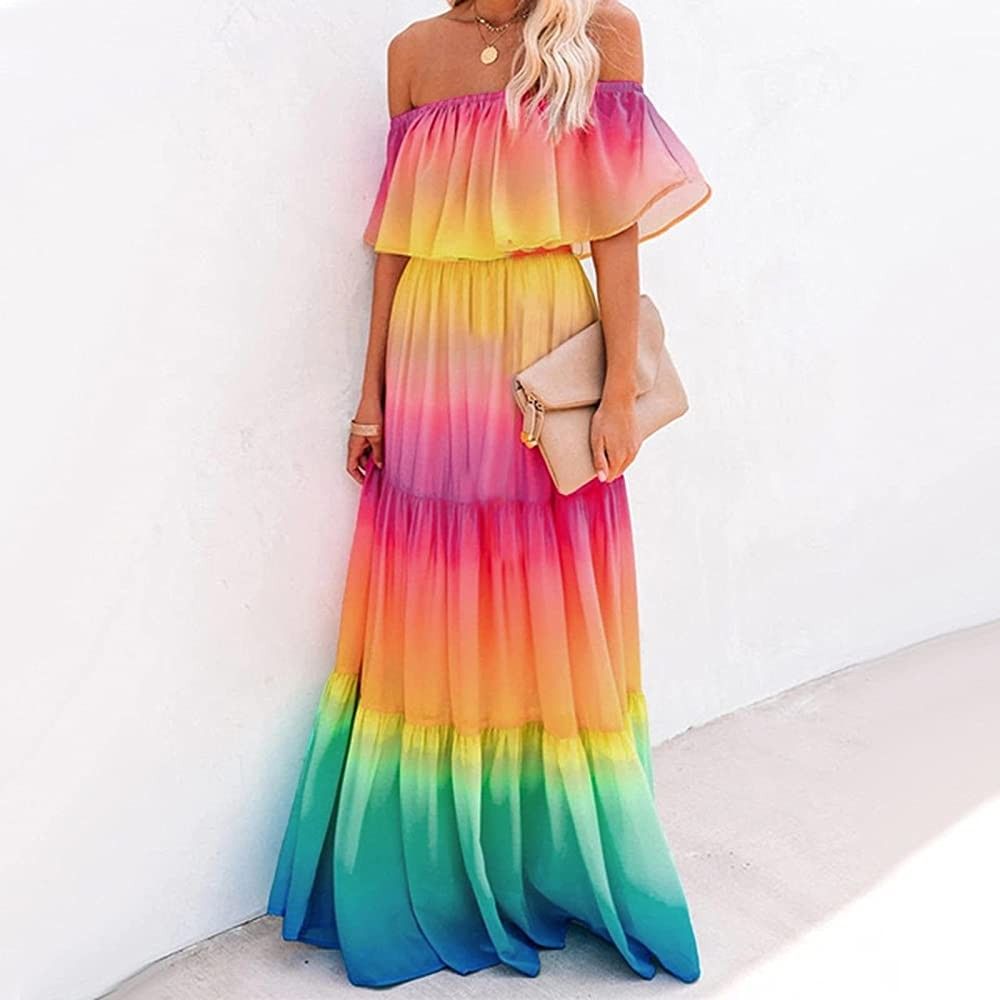 Iusun Women Long Maxi Dresses Sleeveless Bohemian Rainbow Print Off Shoulder Summer Ruffle Hem Tiere | Amazon (US)