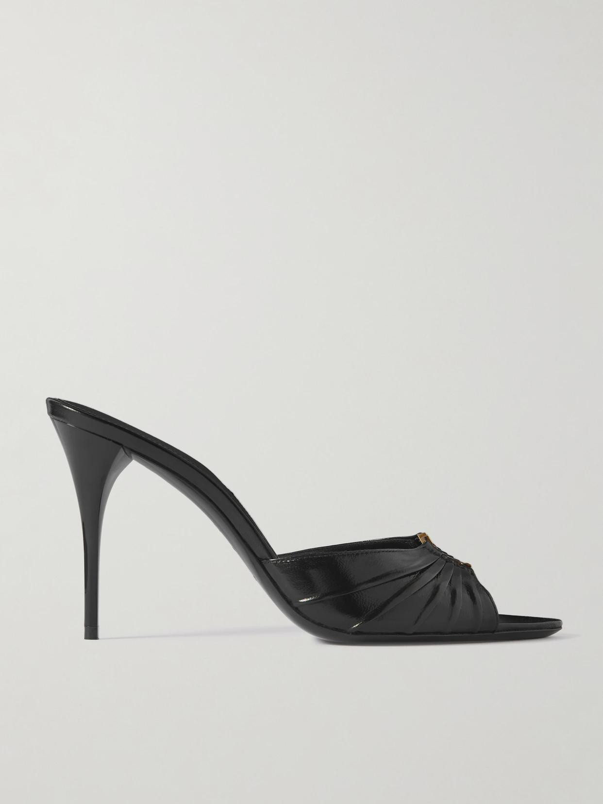 SAINT LAURENT - Babylone Embellished Gathered Glossed-leather Mules - Black | NET-A-PORTER (UK & EU)