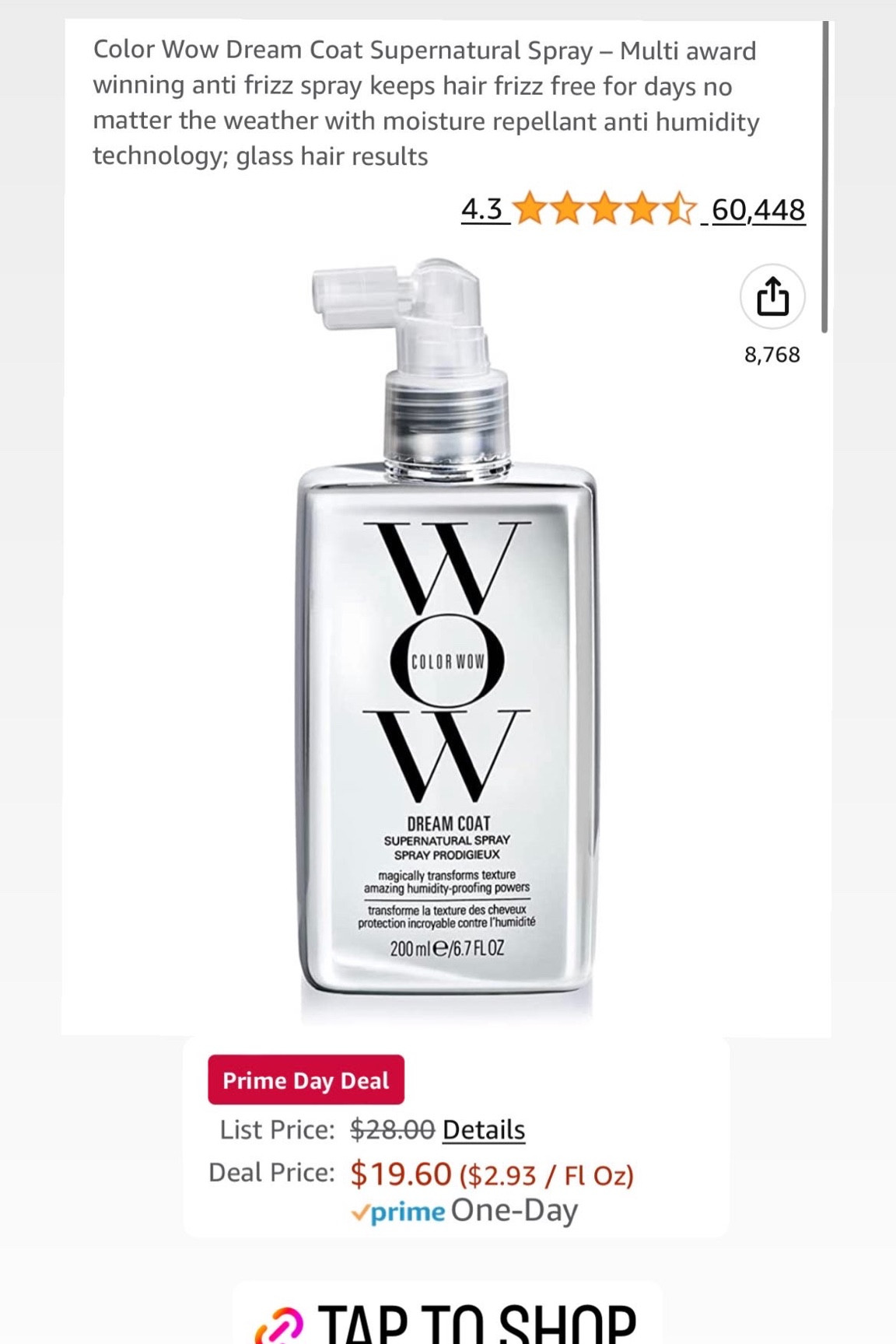 Amazon Prime day deal: color wow dream coat spray leave in hair conditioner 

#LTKunder50 #LTKbeauty #LTKxPrimeDay