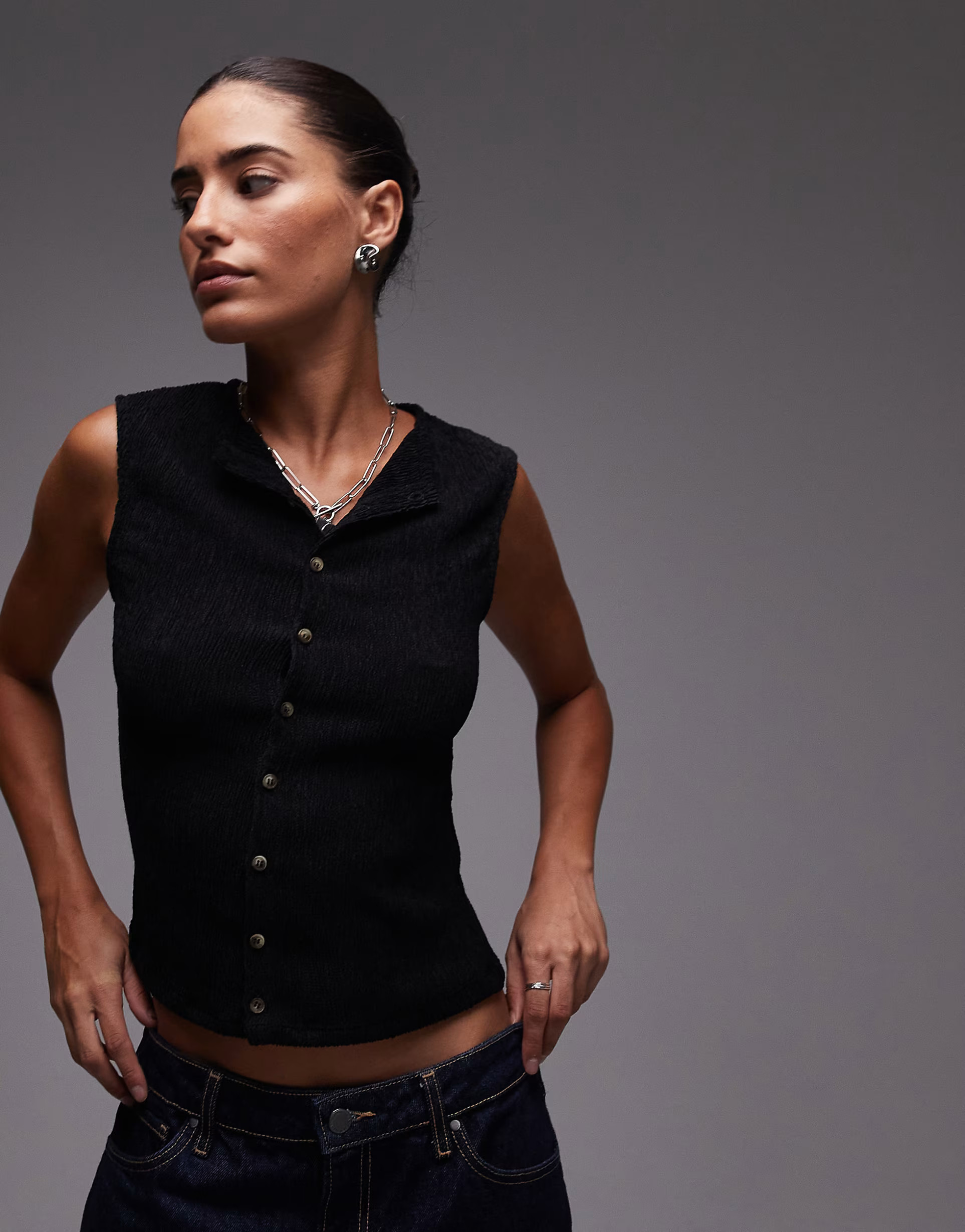 Topshop crinkle button down tank in black | ASOS (Global)
