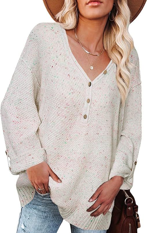 SHEWIN Women's Long Sleeve V Neck Button Knit Sweater Casual Loose Pullover Jumper Tops | Amazon (US)