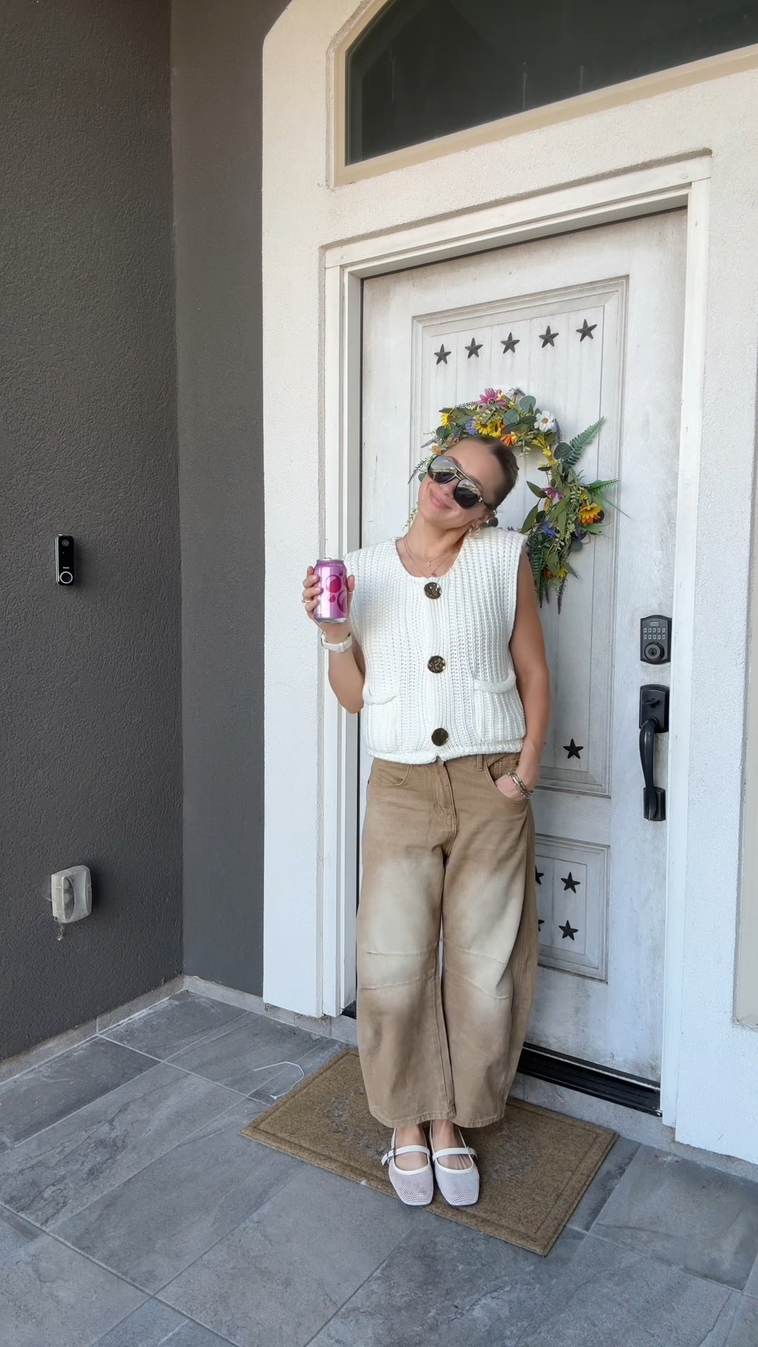 Khaki barrel jeans with white knit sweater vest with gold buttons 



#LTKFindsUnder50 #LTKSeasonal #LTKStyleTip