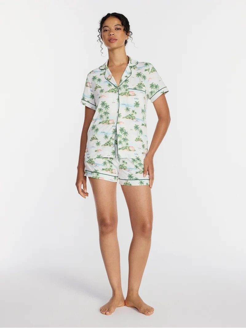 Joyspun Women's Dreamy Soft Collection Notch Collar Top and Shorts Pajama Set, 2-Piece, Sizes XS-... | Walmart (US)
