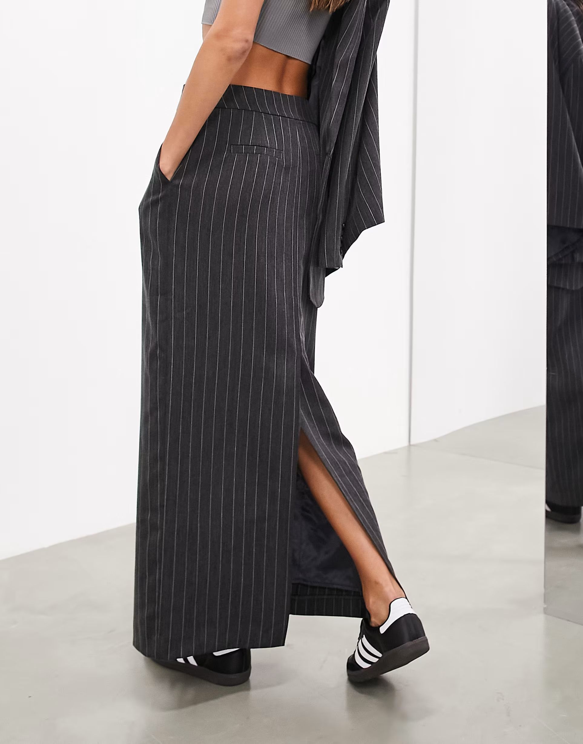 ASOS EDITION tailored maxi skirt in charcoal pinstripe | ASOS (Global)