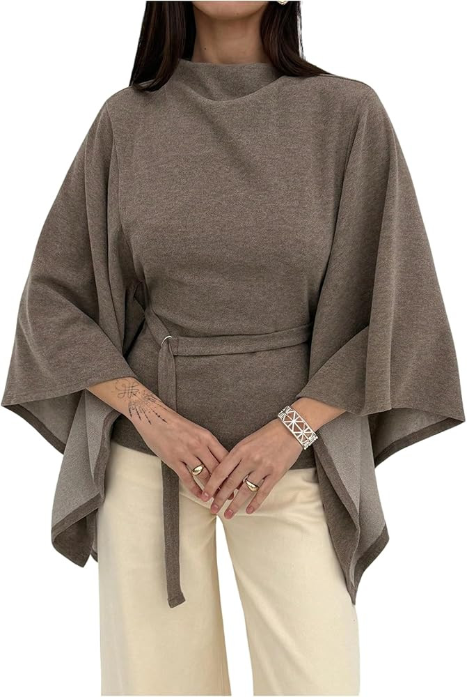 SweatyRocks Women's Ruched Mock Neck Loose Asymmetrical Belted Casual Top Blouse | Amazon (US)