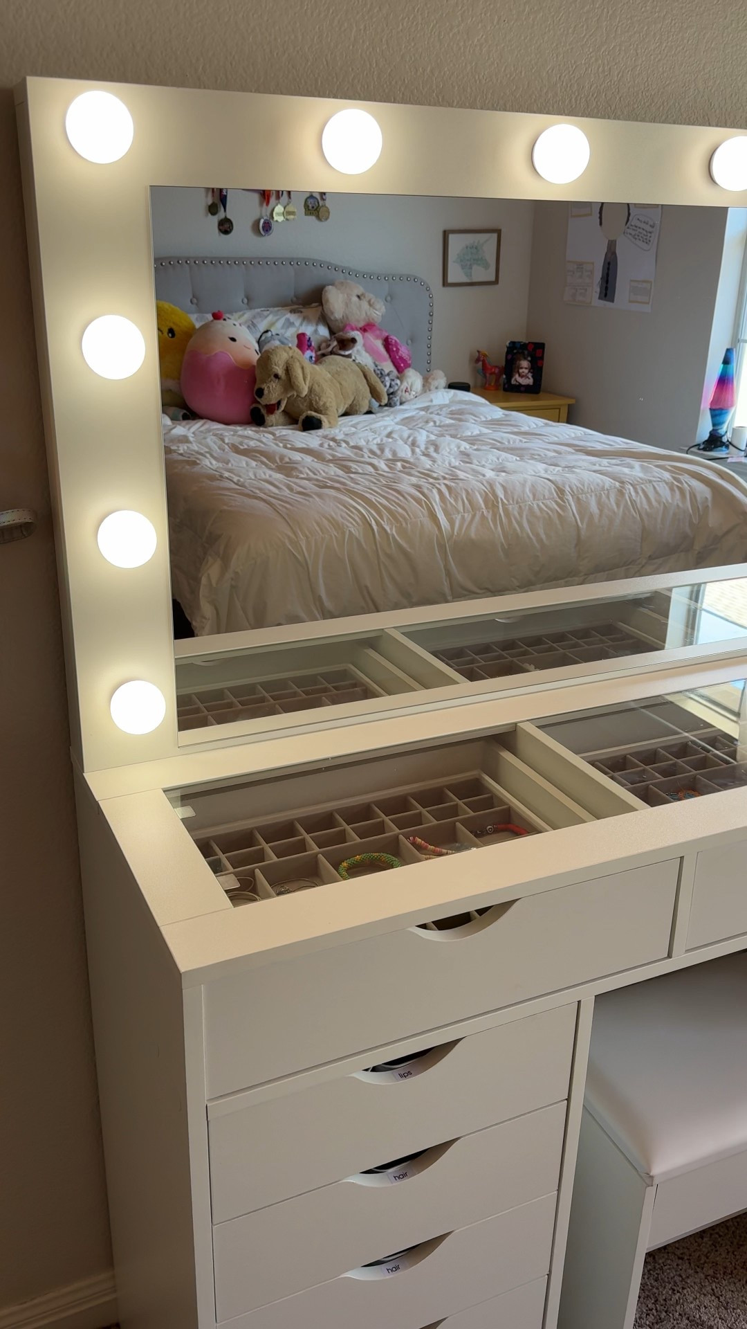 The vanity little girls dreams are made of ✨ 

This vanity has everything. Glass top to showcase jewelry or makeup, lights that dim, and drawers for makeup and personal care items. 

We topped it off with organizers to keep everything in its place and labels to make sure everything goes back to its place  

#LTKHome #LTKselfcare