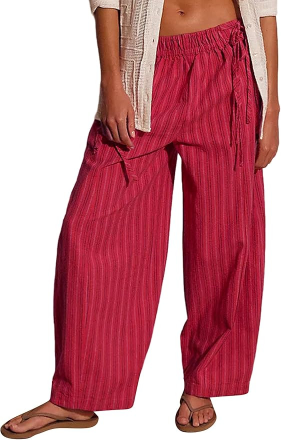 Women Drawstring Striped Wide Leg Pants Summer Causal Barrel Loose Elastic Low Waist Palazzo Hare... | Amazon (US)