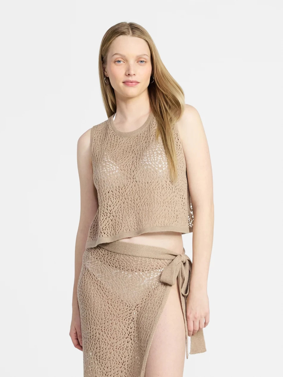 No Boundaries Cropped Crochet Knit Poncho with Side Ties, Women's | Walmart (US)