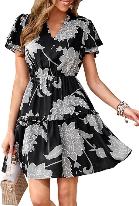 PRETTYGARDEN Womens Summer Floral Mini Dress Trendy Ruffle Short Sleeve V Neck Flowy A Line Short... | Walmart (US)