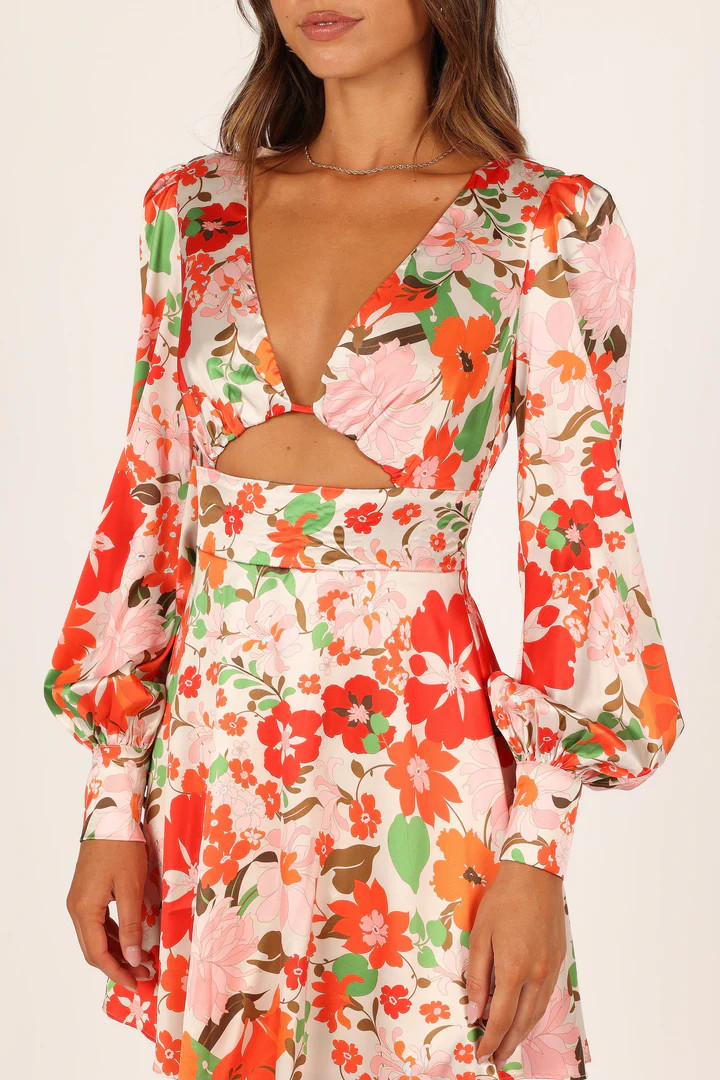 Tanaya Puff Sleeve Skater Skirt Mini Dress - Orange Floral | Petal & Pup (US)